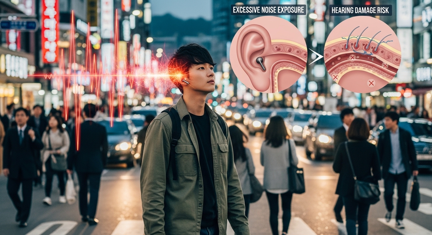 바쁜 거리에서 이어폰을 낀 채 걸어가는 젊은 남성의 모습, 청력 손상 위험성을 나타내는 음파 및 귀 다이어그램이 겹쳐진 이미지