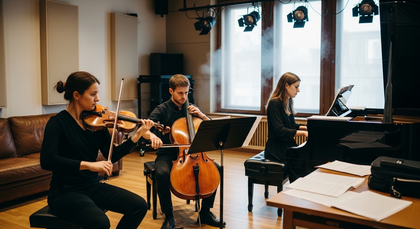 바이올린과 첼로 연주자가 피아니스트와 함께 음악 스튜디오에서 리허설 중인 모습