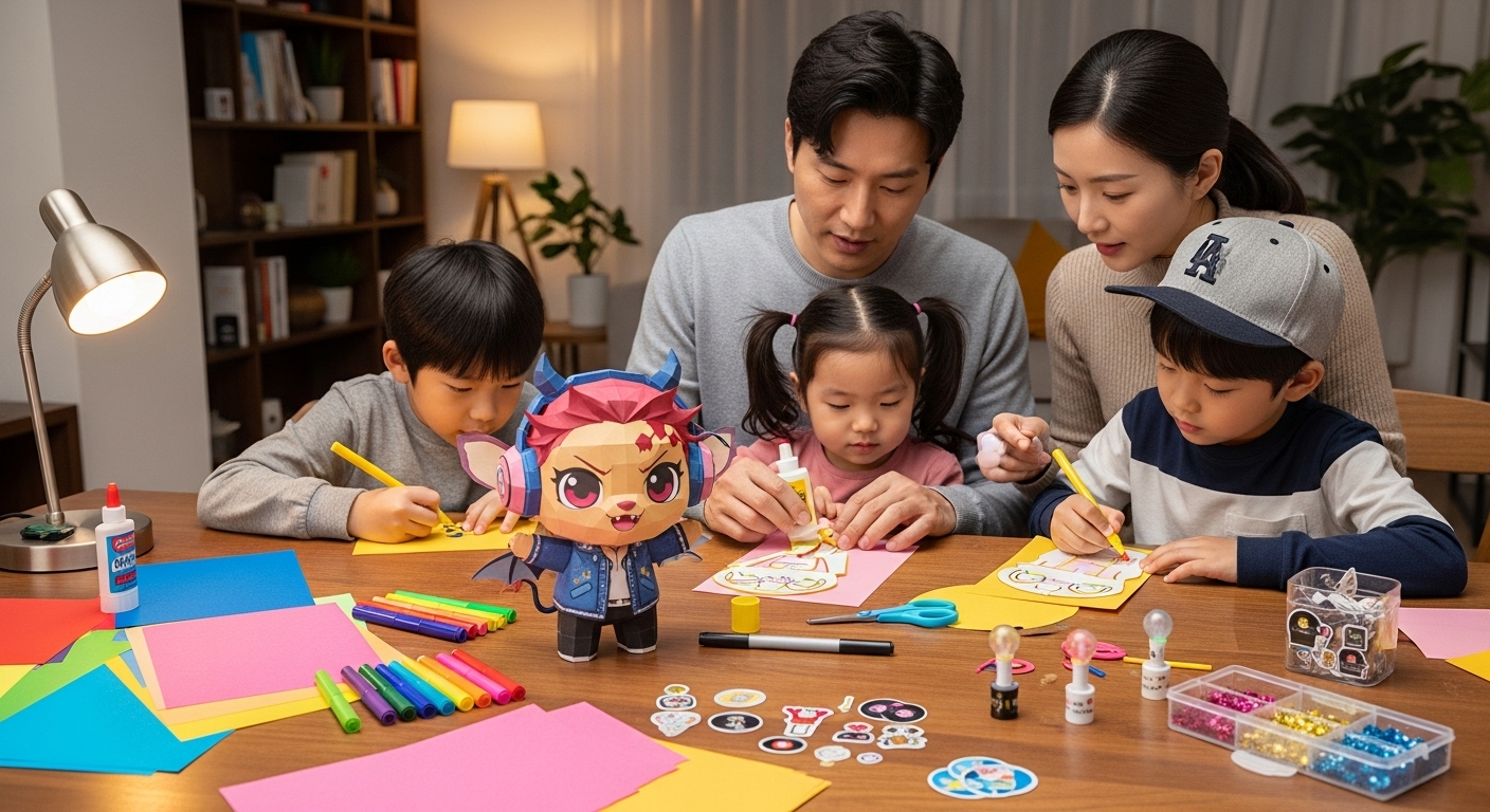 가족들이 모여 앉아 K-pop 데몬 헌터스의 캐릭터 더피를 종이로 만드는 모습