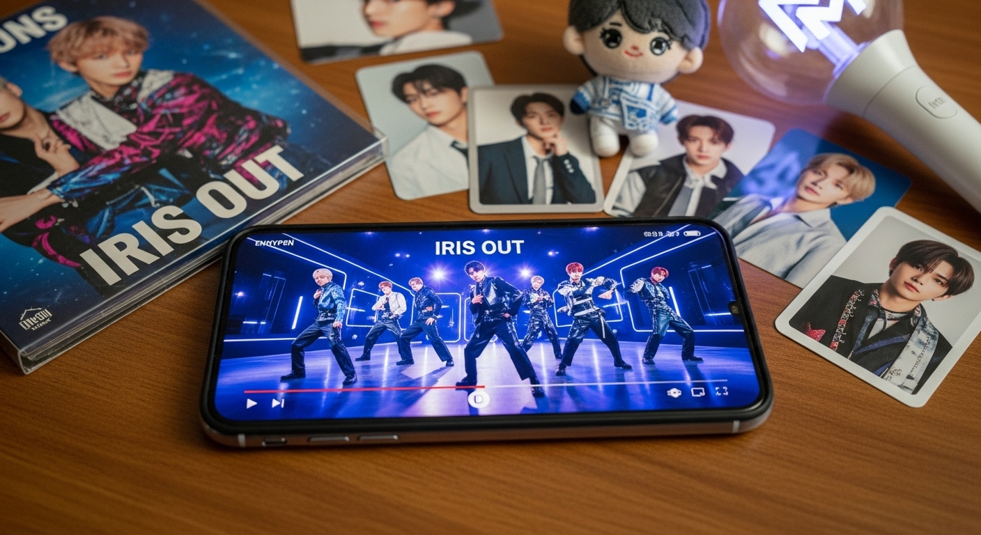 책상 위 K-POP 굿즈 사이에 있는 스마트폰에서 재생 중인 '아이리스 아웃' 뮤직비디오