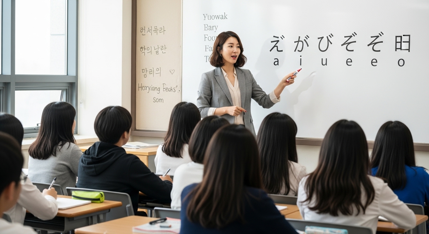 교실에서 화이트보드를 사용해 일본어 모음을 설명하는 선생님