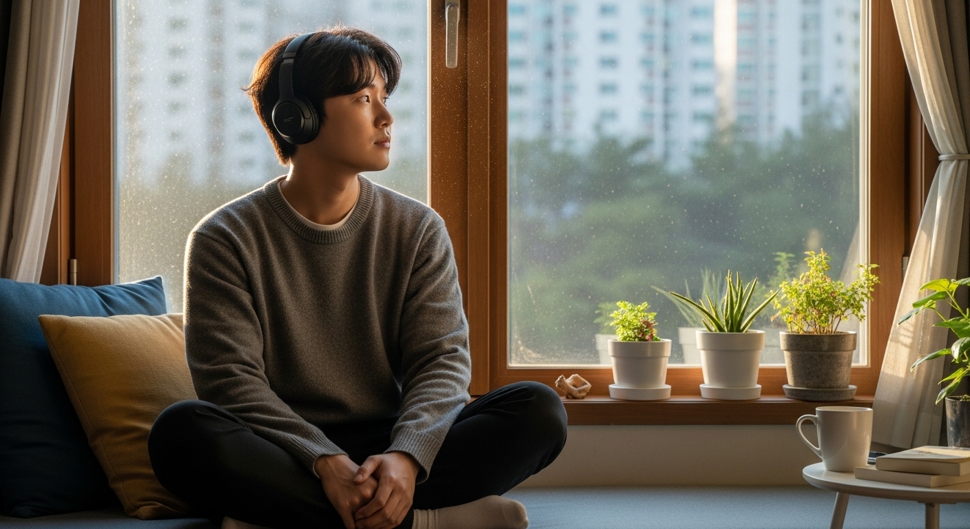 창가에서 헤드폰을 끼고 음악에 몰두하는 젊은 남성의 모습