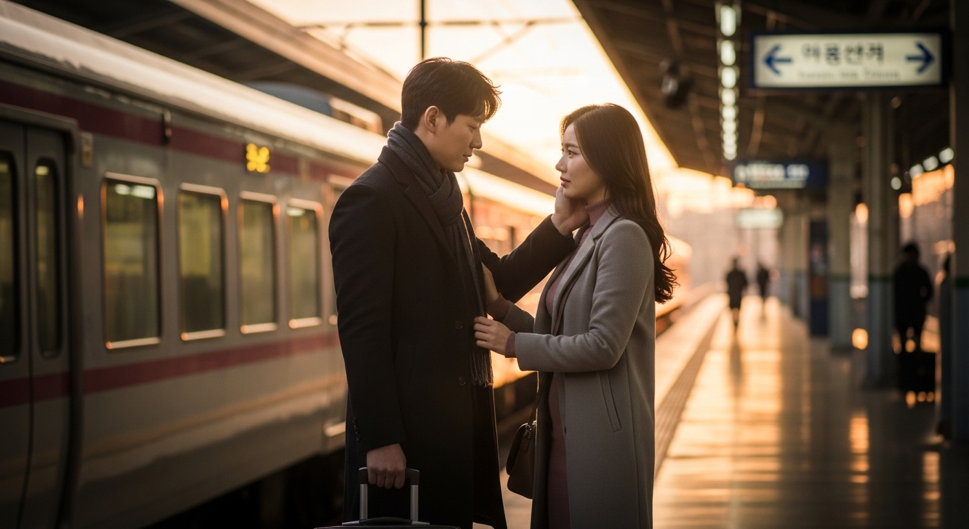 기차역에서 이별을 나누는 커플의 슬픈 표정