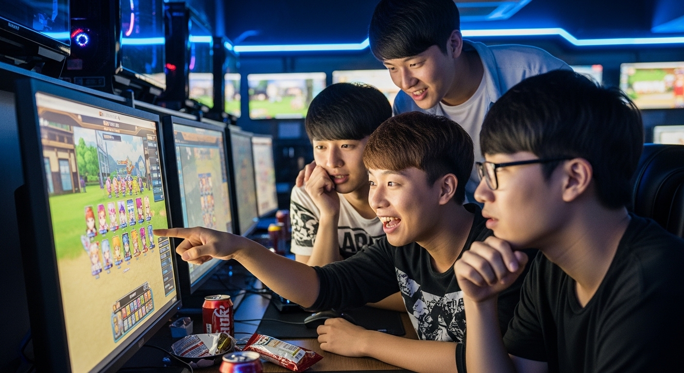 젊은 게이머들이 모여 메이플스토리 캐릭터 선택에 대해 토론하는 모습