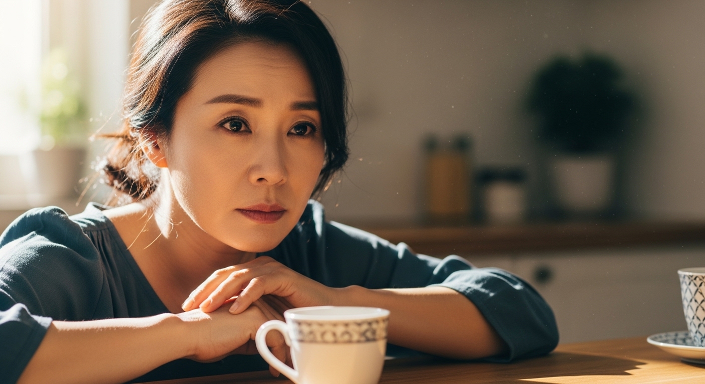 중년 여성이 주방 테이블에 앉아 창밖 햇빛을 받으며 생각에 잠긴 모습