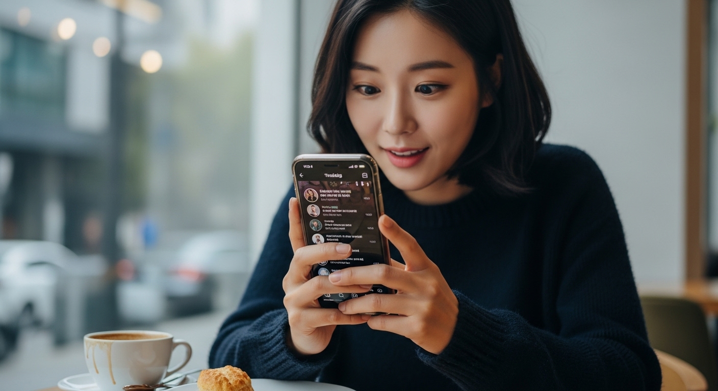 스마트폰으로 인기 리얼리티 쇼 관련 소셜 미디어 트렌드를 확인하는 젊은 여성