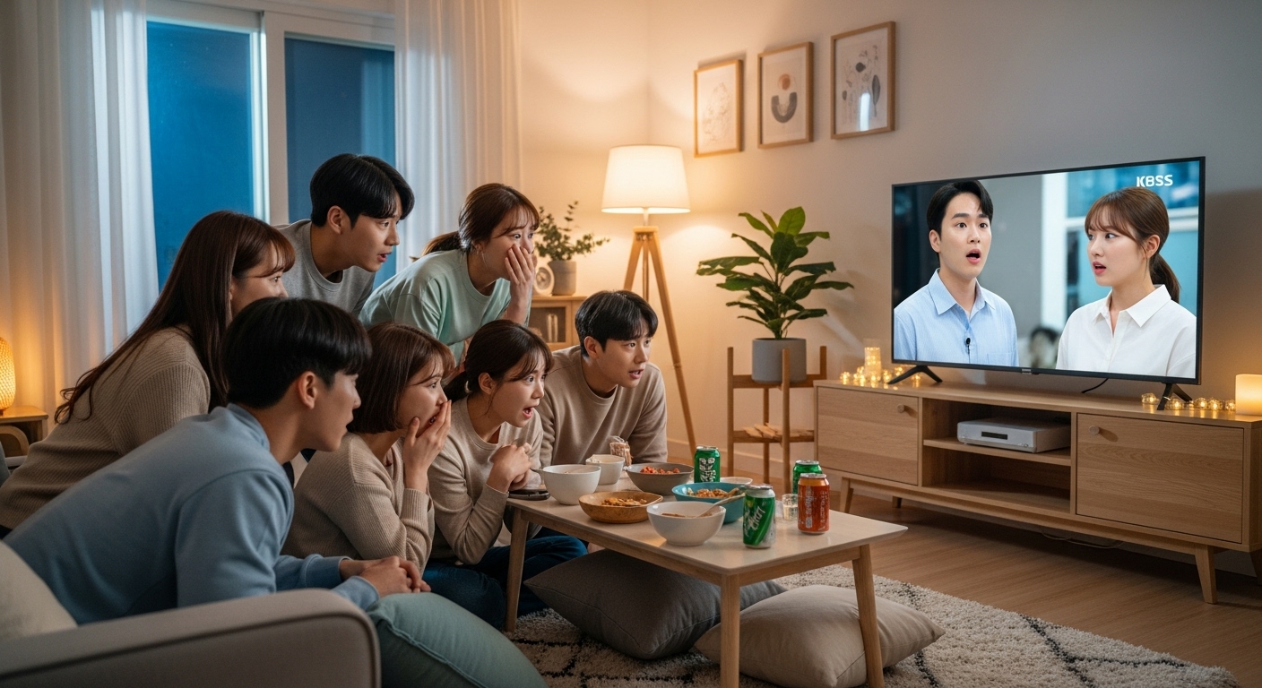 아늑한 거실에서 예측 불가능한 데이팅 쇼 장면을 집중해서 보는 젊은이들