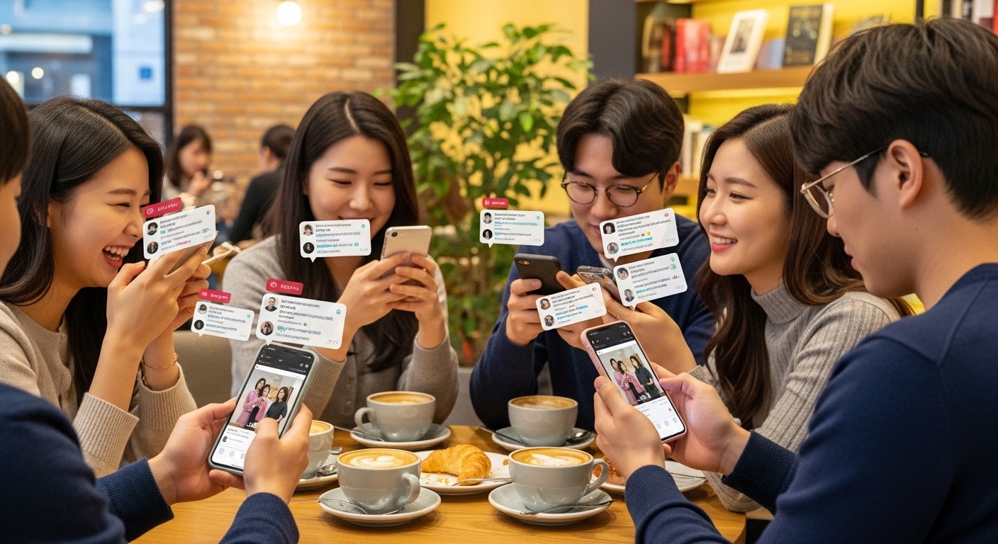카페에서 스마트폰으로 리얼리티 쇼를 시청하며 채팅하는 젊은이들