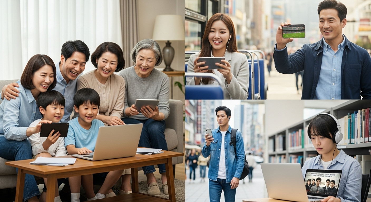다양한 기기를 사용하여 집 안팎에서 쇼를 시청하는 사람들