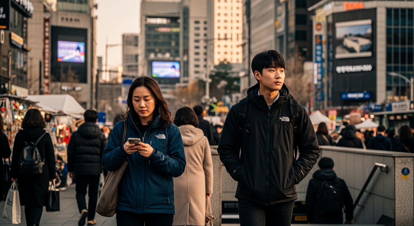 출퇴근길에 노스페이스 벤투스를 입은 직장인과 대학생들이 지하철역 앞에서 붐비는 장면