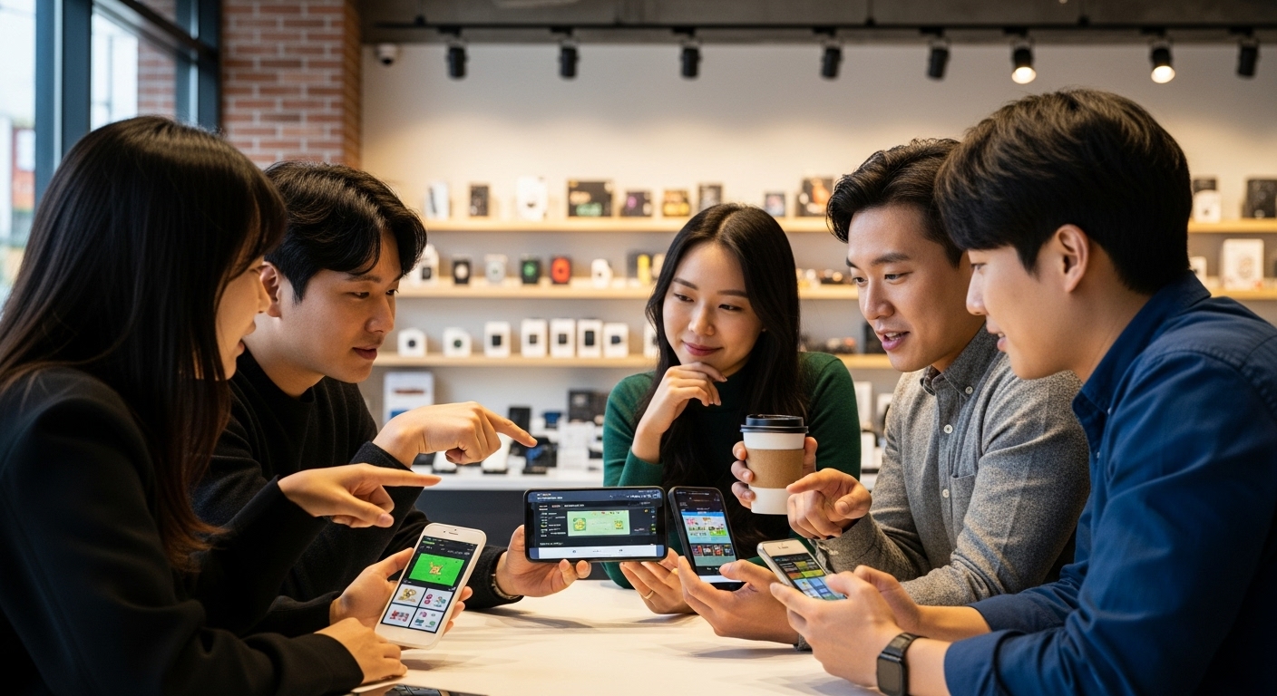 최신 기술 매장에서 스마트폰을 보며 최고의 포켓몬 에뮬레이터에 대해 토론하는 친구들