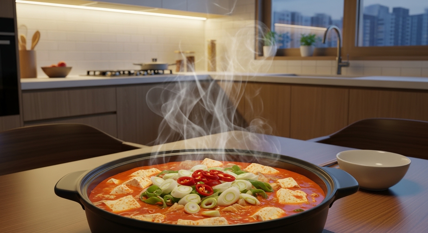 부드러운 순두부와 다양한 재료가 어우러진 따뜻한 순두부찌개가 끓고 있는 현대적인 주방