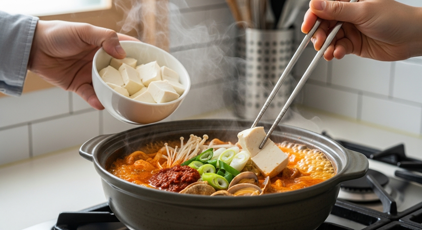 한국 주방에서 손으로 순두부찌개의 요리 과정을 단계별로 준비하는 모습