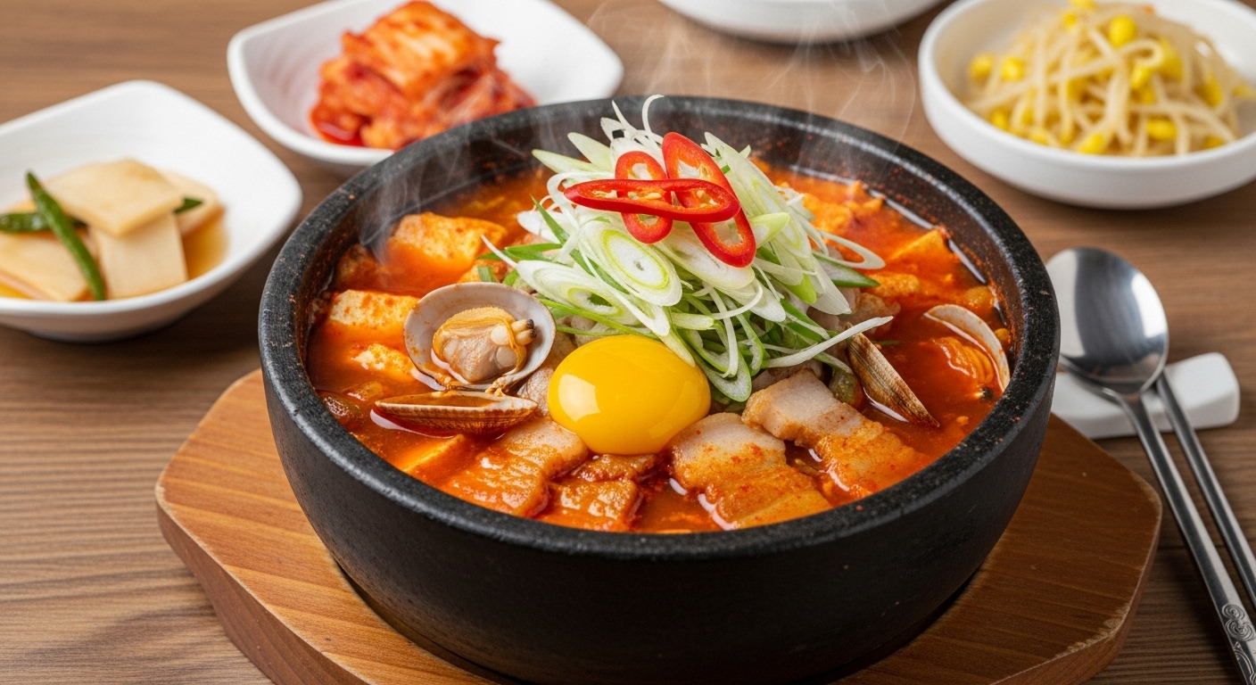 송송 썬 대파와 청양고추 고명이 올라간 뚝배기 속 예쁘게 담긴 순두부찌개의 모습
