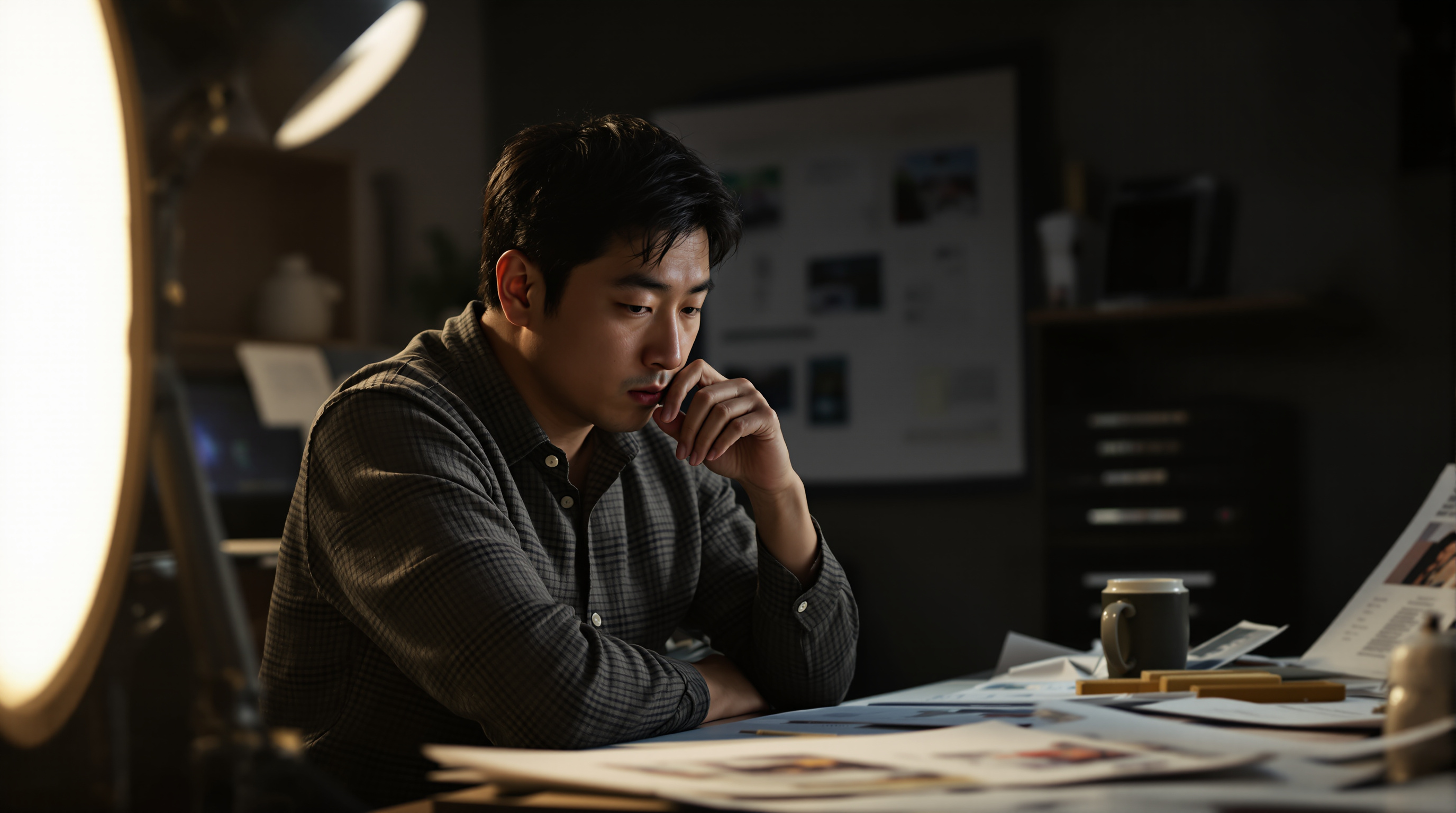 김지훈 감독이 스튜디오에서 영화 대본과 스토리보드를 살펴보며 깊은 생각에 잠긴 모습