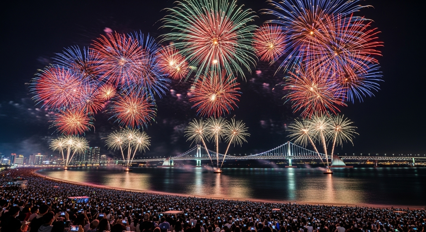 광안리 해변 밤하늘을 수놓는 화려한 불꽃놀이와 이를 지켜보는 사람들