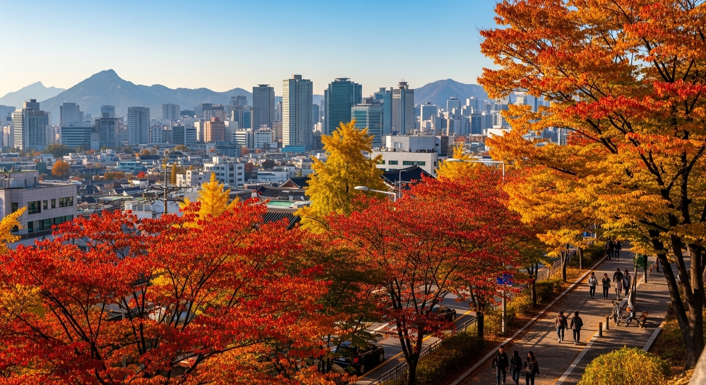 서울 시내 가로수길에 붉고 주황색으로 물든 단풍