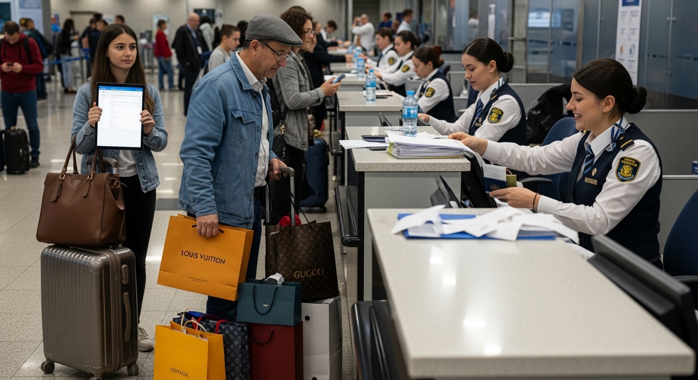 공항 세관에서 서류를 제시하는 여행객들