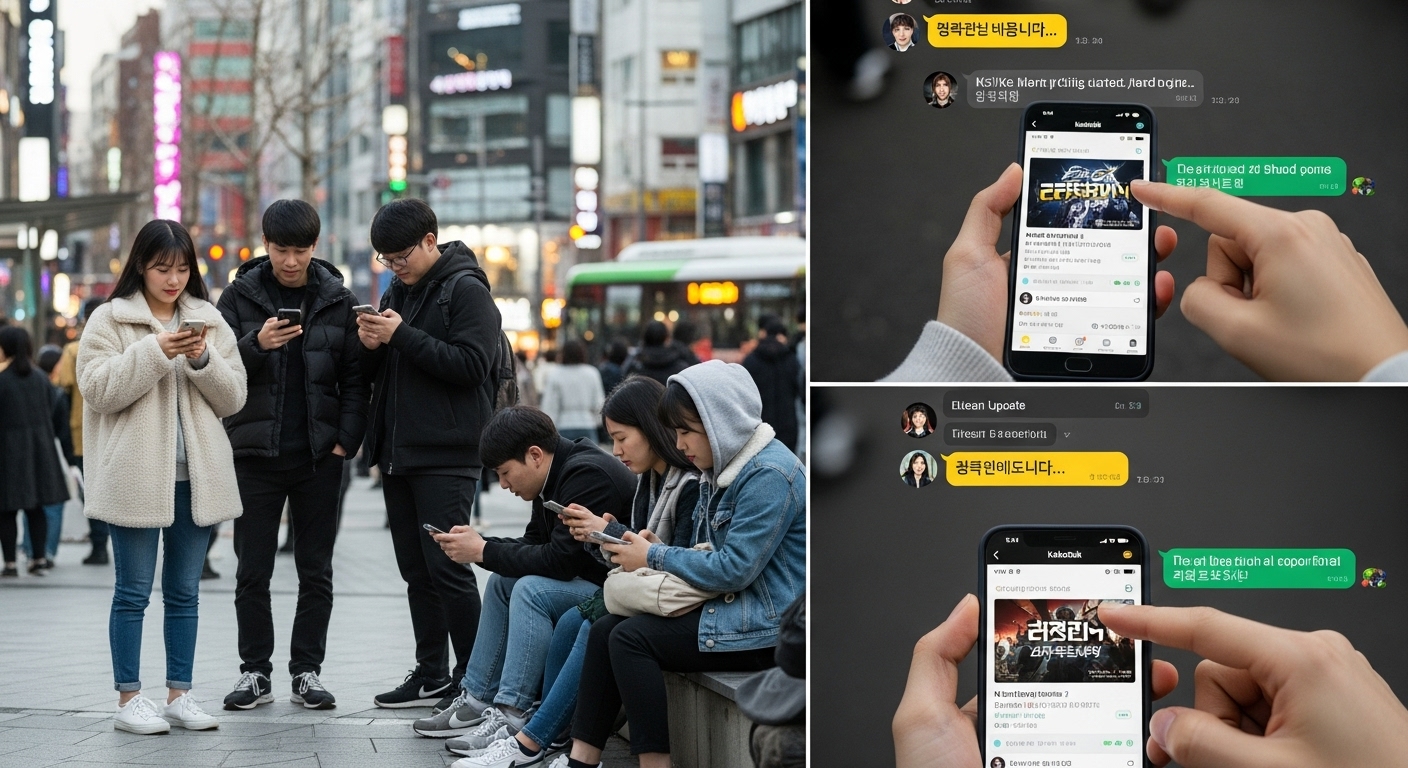 젊은 사람들이 카카오톡을 통해 게임 업데이트와 이벤트 정보를 교환하는 모습