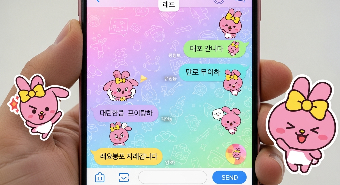 리본가나디 테마가 적용된 카카오톡 화면을 보는 스마트폰