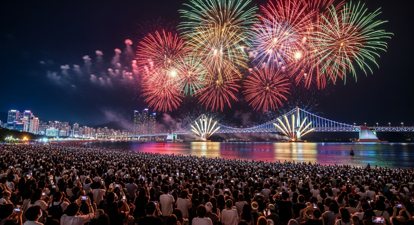 광안리 해변 위로 화려한 불꽃놀이와 축제를 즐기는 인파