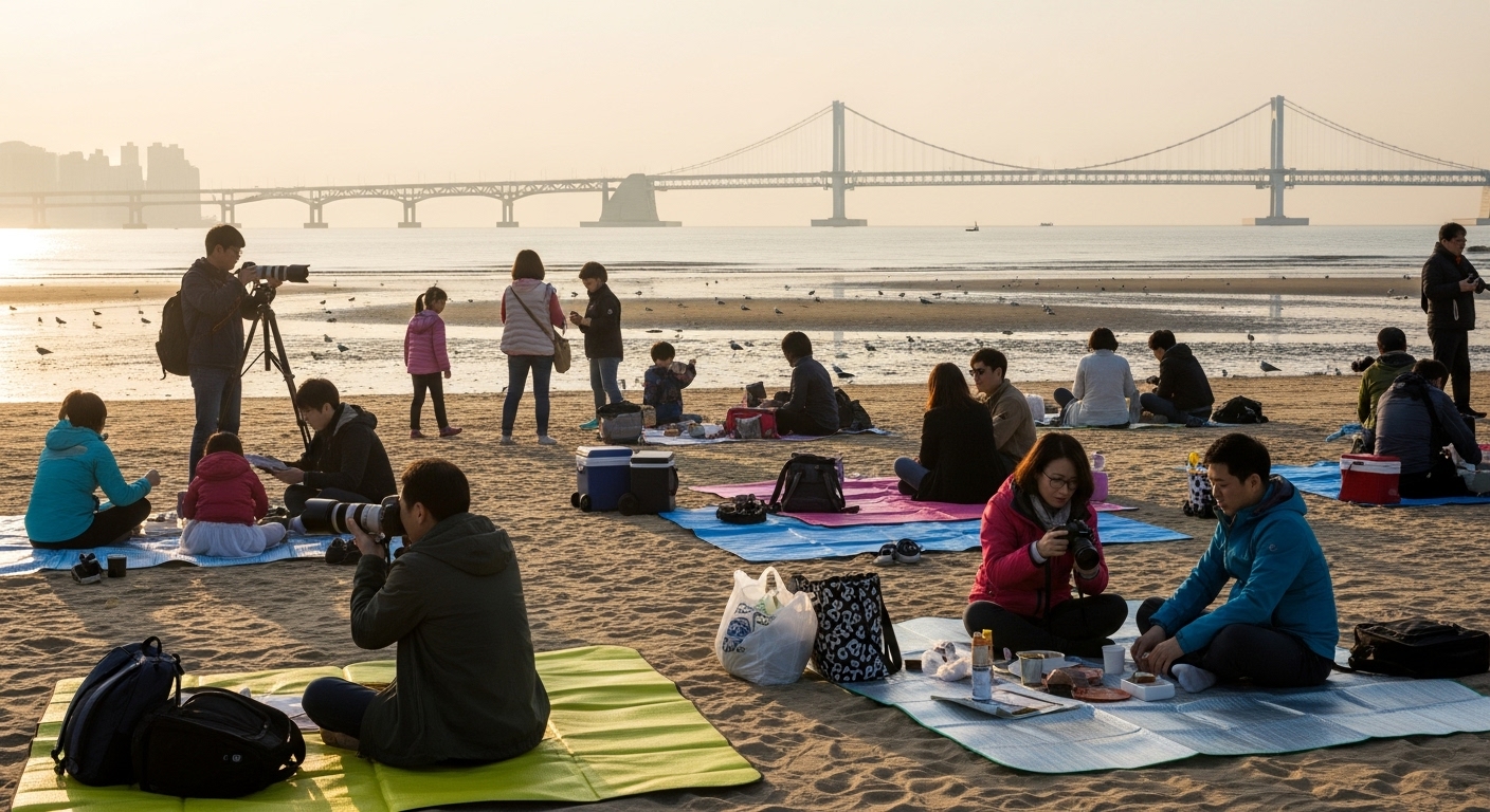 광안리 해변에서 좋은 자리를 선점하려는 사람들