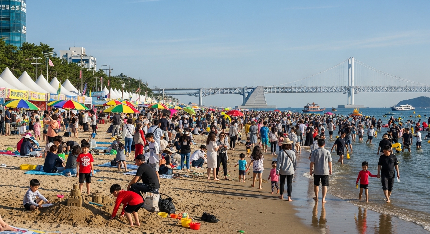 낮 시간 광안리 해변에서 축제를 즐기는 사람들