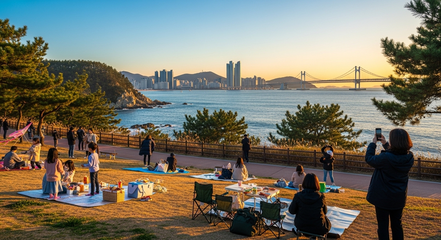 이기대 공원에서 바다와 도시 경관을 배경으로 자리 잡고 있는 사람들