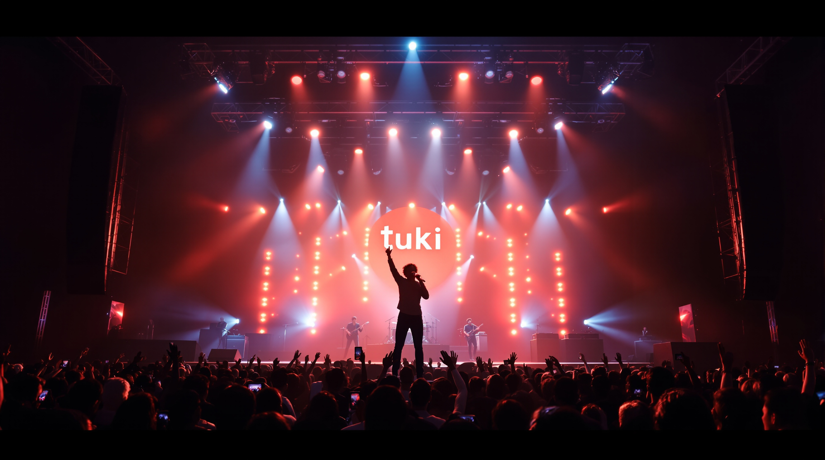 화려한 조명 아래 무대에서 공연 중인 일본 아티스트 tuki