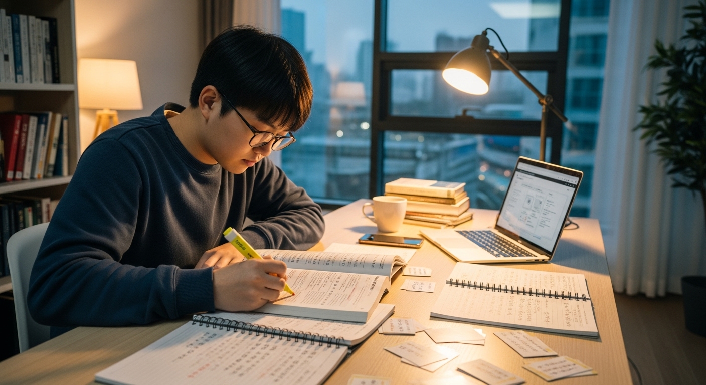 현대적인 공부방에서 히라가나와 로마자를 공부하는 학생