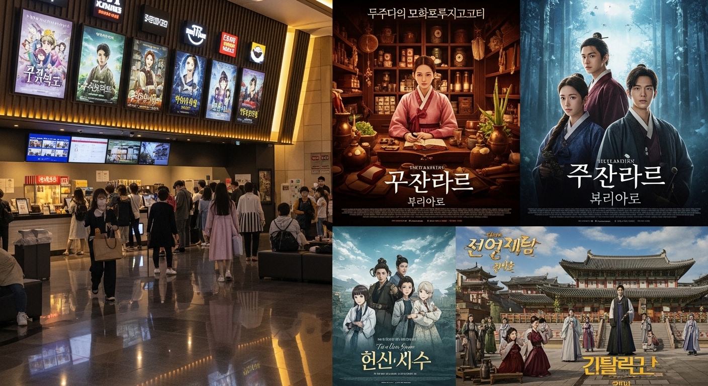 영화관 로비에 전시된 TV 시리즈와 극장판 포스터들