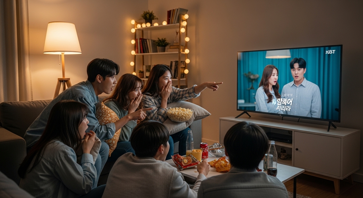 젊은 사람들이 거실에서 인기 연애 프로그램 첫 방송을 스마트 TV로 시청하는 모습