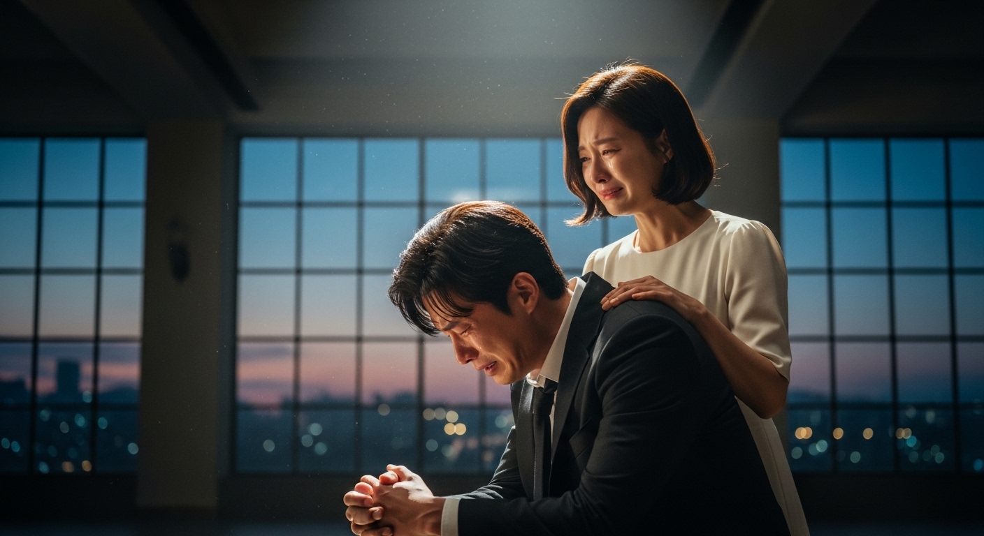 감정을 섬세하게 표현하며 배경음악이 장면을 강화하는 드라마의 한 장면