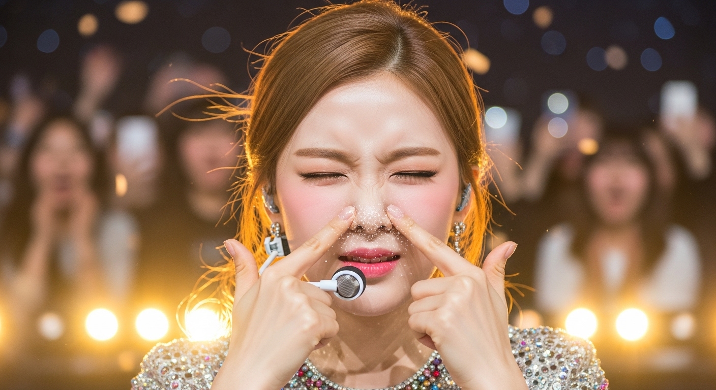 라이브 공연 중 귀엽게 재채기하는 아이돌의 클로즈업 모습