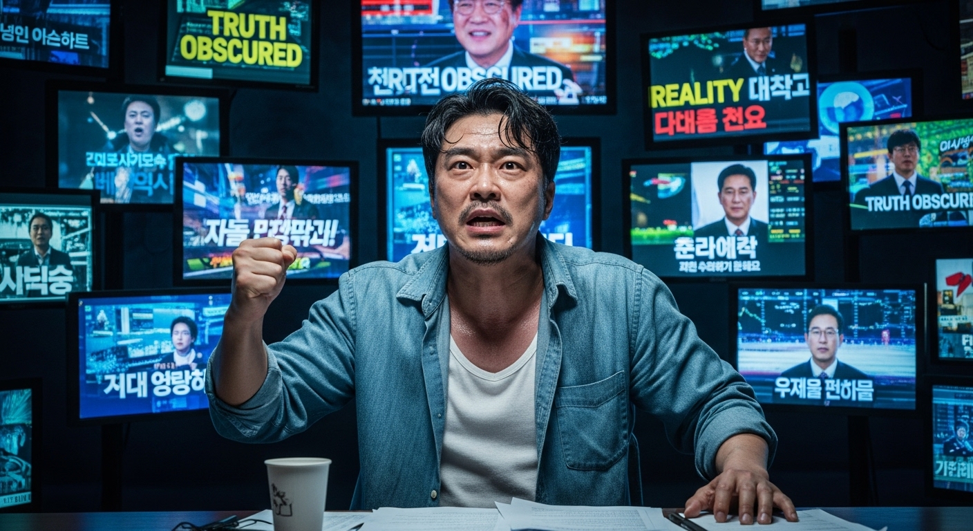 디지털 화면 속 조작된 뉴스와 배우의 강렬한 연기가 어우러진 장면