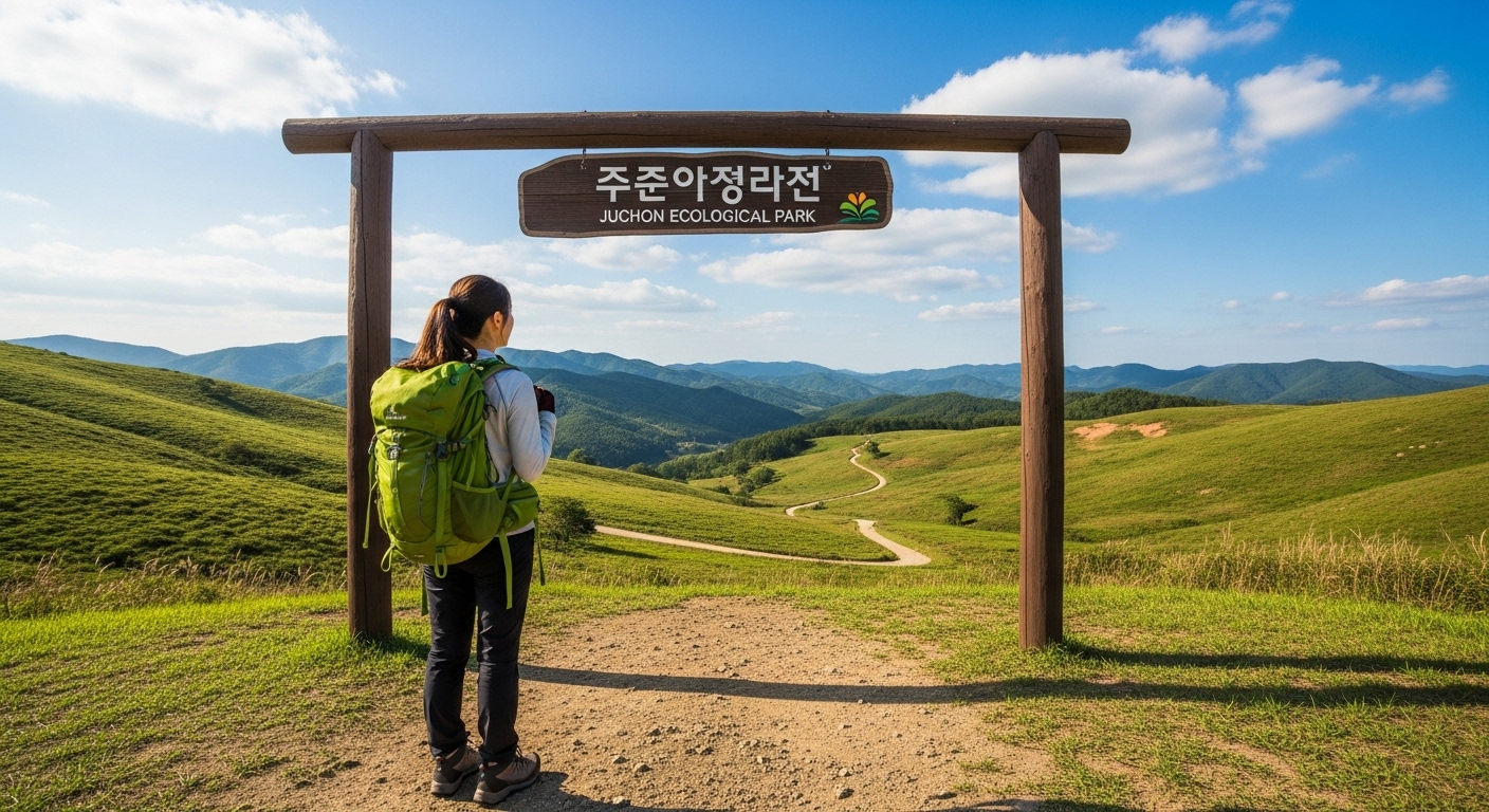 여행을 좋아하는 여성이 주천생태공원 입구에 서서 자연 경관을 바라보는 모습