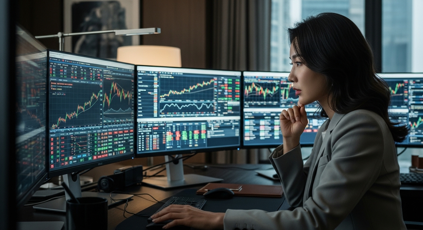 세련된 사무실에서 복잡한 주식 데이터를 분석하는 여성