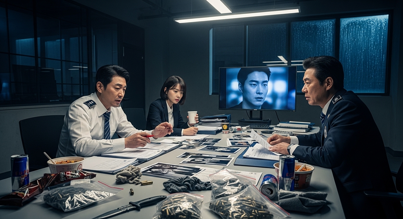 현대적 조사실에서 사건 파일과 증거를 검토하는 탐정들