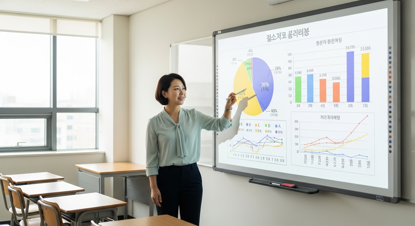 교사가 차트와 그래프로 생윤 점수 분포를 설명하는 교육 현장