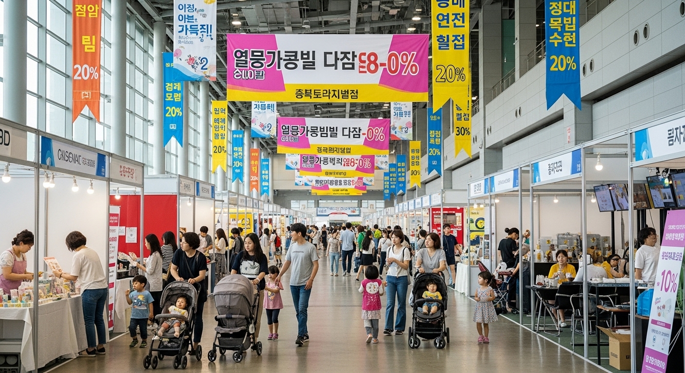 현대적인 한국 전시장에서 열리는 활기찬 육아 쇼핑 축제의 모습