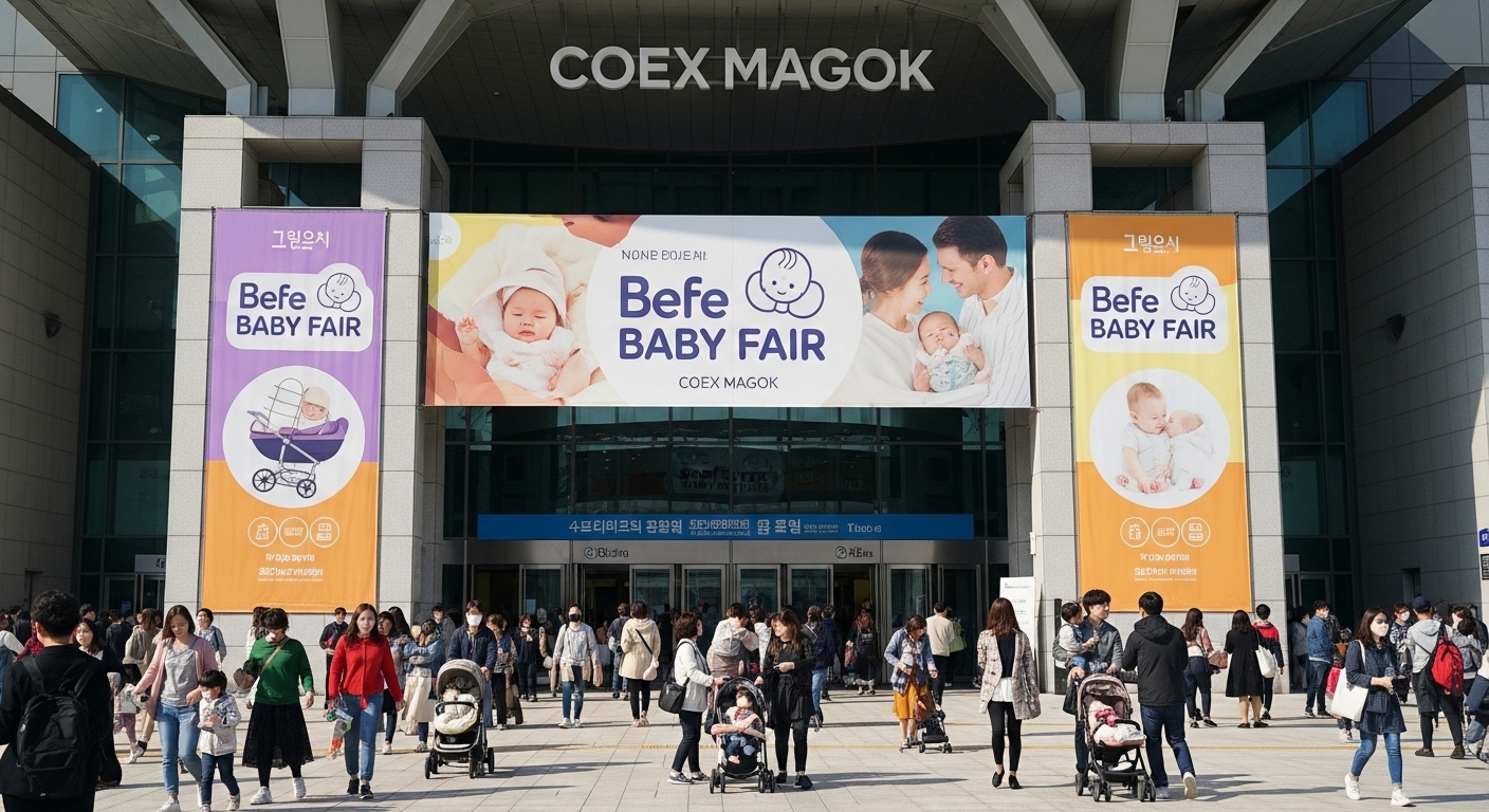코엑스 마곡 입구에서 베페 베이비페어 배너가 가족들을 맞이하는 장면