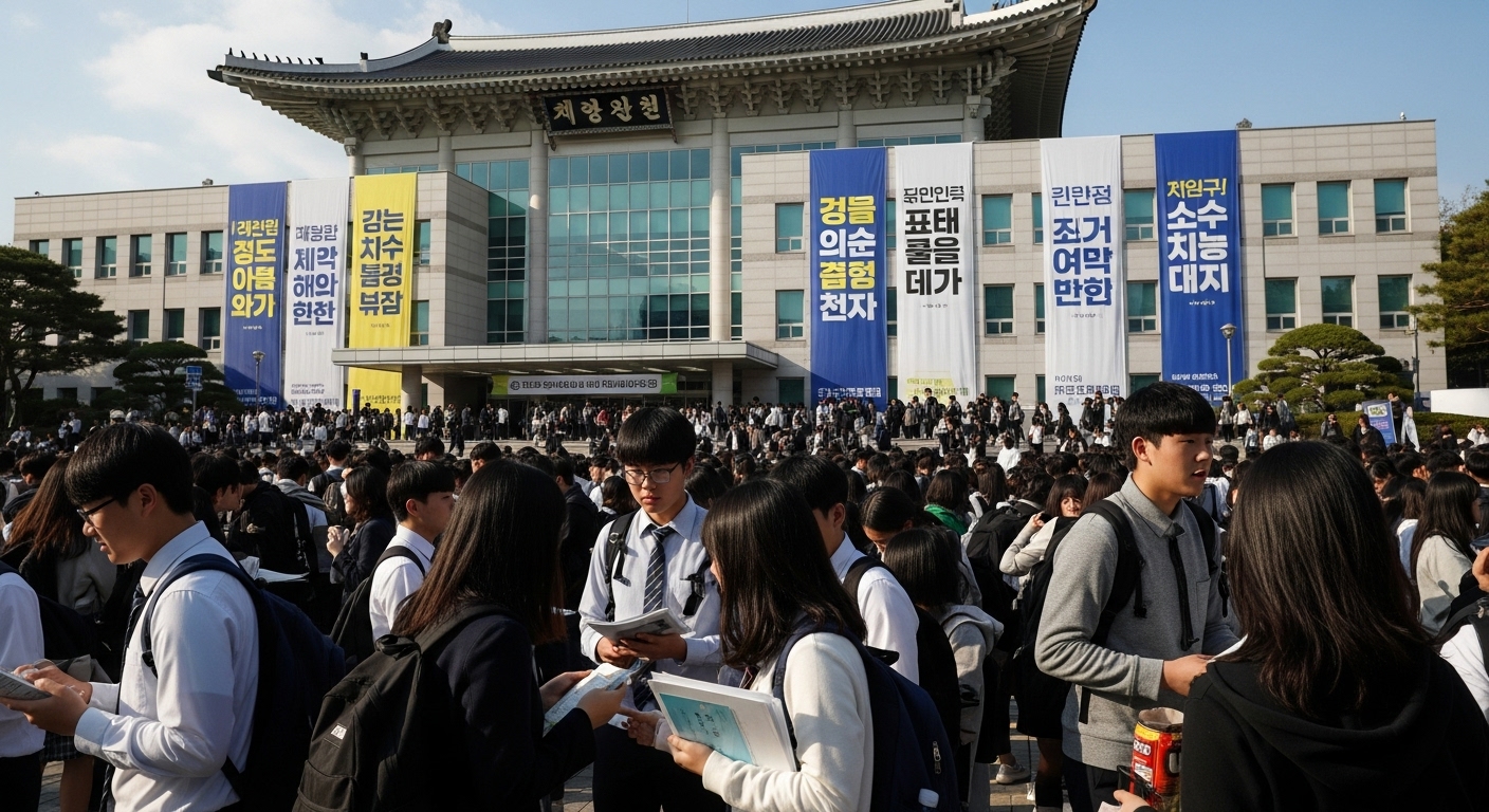 서울 시험장 앞에서 많은 학생들이 긴장한 모습으로 모여 있는 장면
