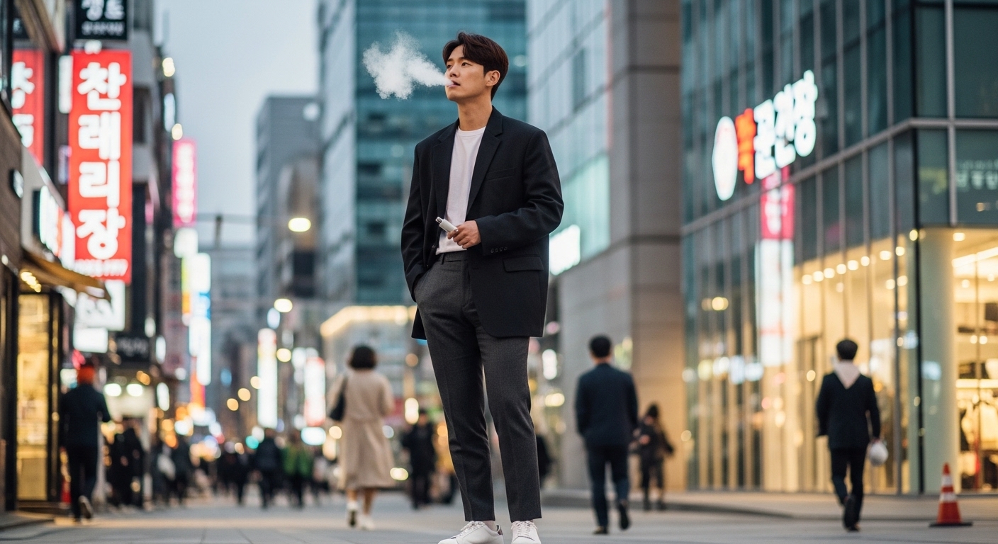 도시 속에서 무니코틴 전자담배를 사용하는 현대 남성