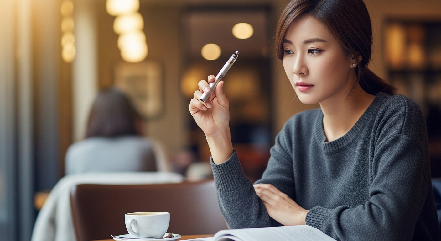 카페에서 담배를 들고 있는 여성이 연기나 냄새 없이 습관적 행동에 몰두하는 모습