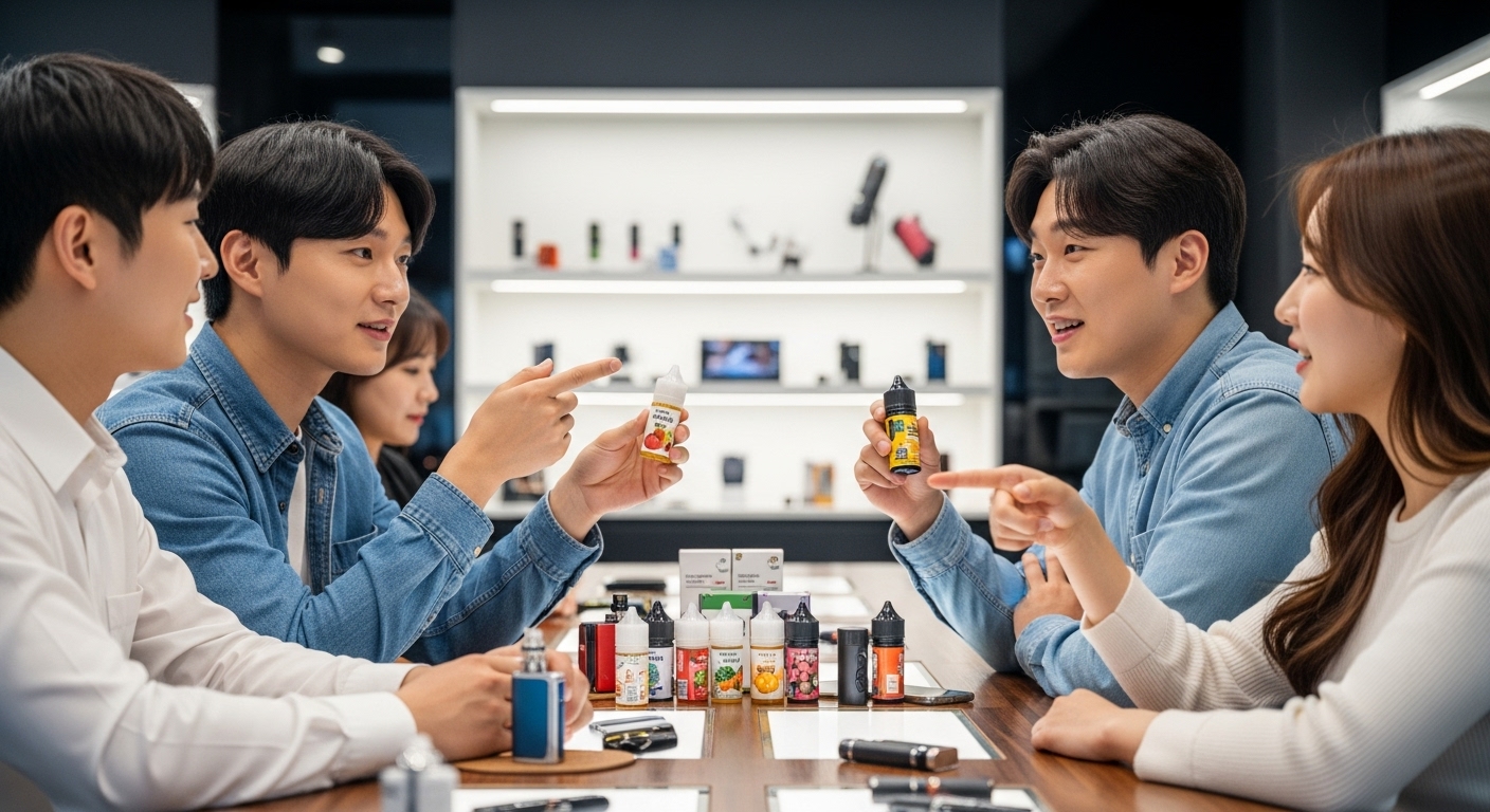 다양한 맛의 액상에 대해 이야기하는 사용자들이 있는 현대적인 매장 내부