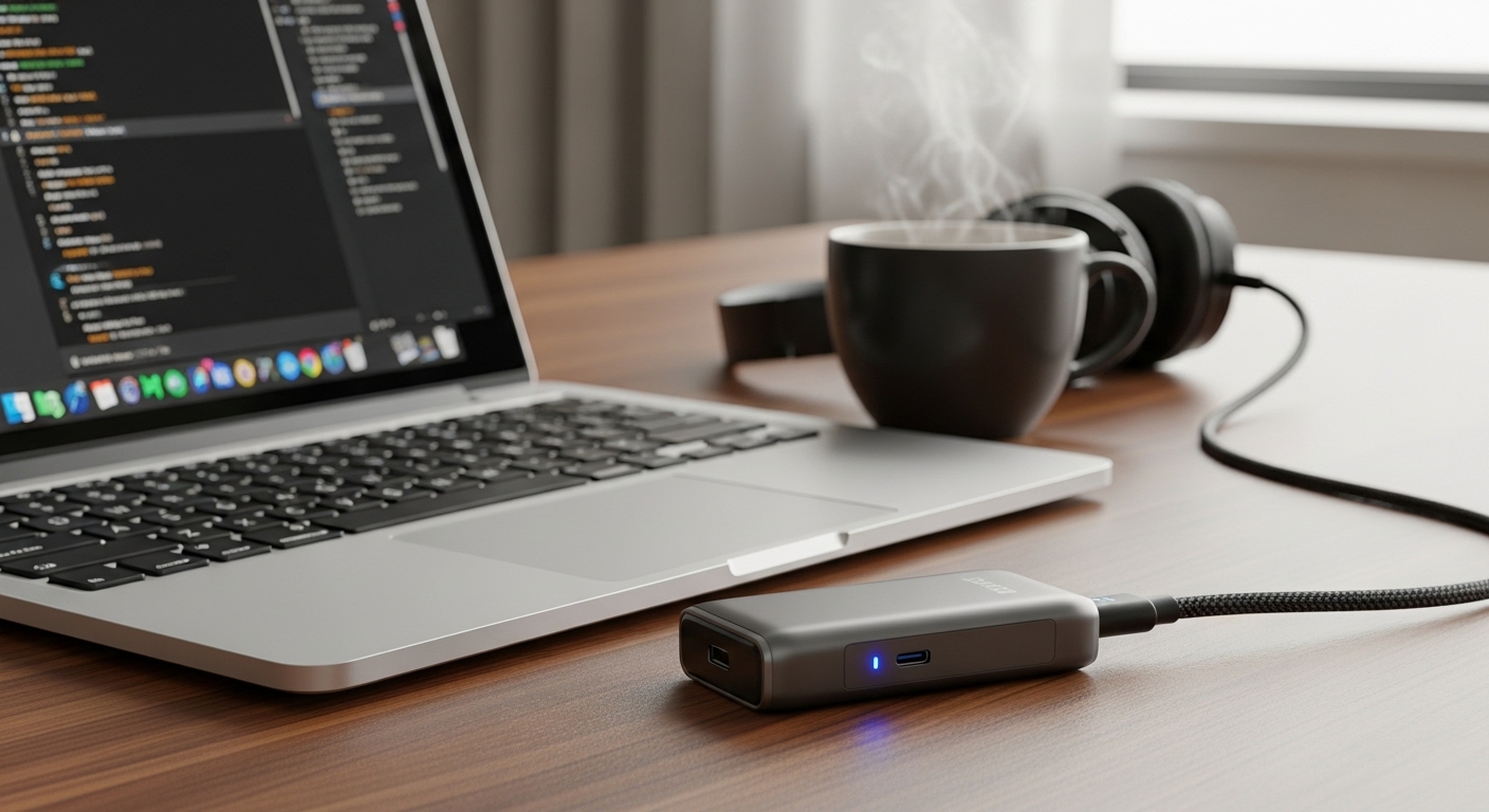 노트북과 커피 컵 옆에 놓인 USB-C 충전 기능을 갖춘 전자담배 기기