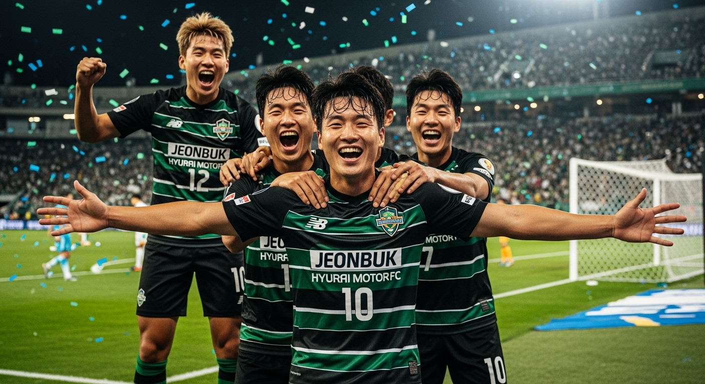 전북 현대 모터스 FC 경기에서 골을 넣고 동료들과 승리를 기뻐하는 모습