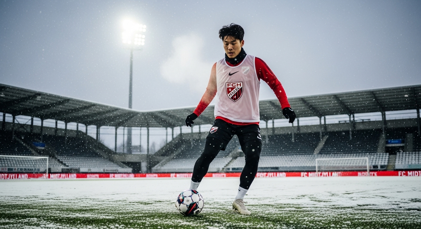 덴마크 FC 미트윌란에서 훈련 중인 한국 축구 선수가 눈 내리는 경기장에서 적응하고 있는 모습