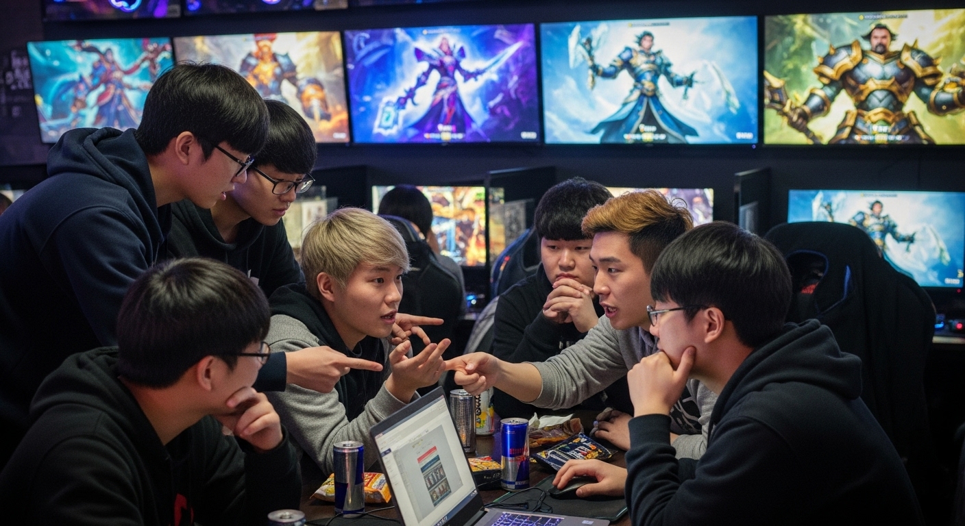 게이머들이 PC방에서 티어 시스템에 대해 토론하는 장면