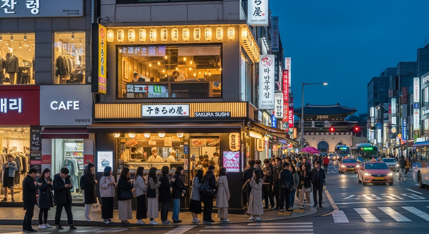 경복궁 근처 서촌의 번화한 거리와 인기 있는 일본식당 앞에 줄 선 사람들